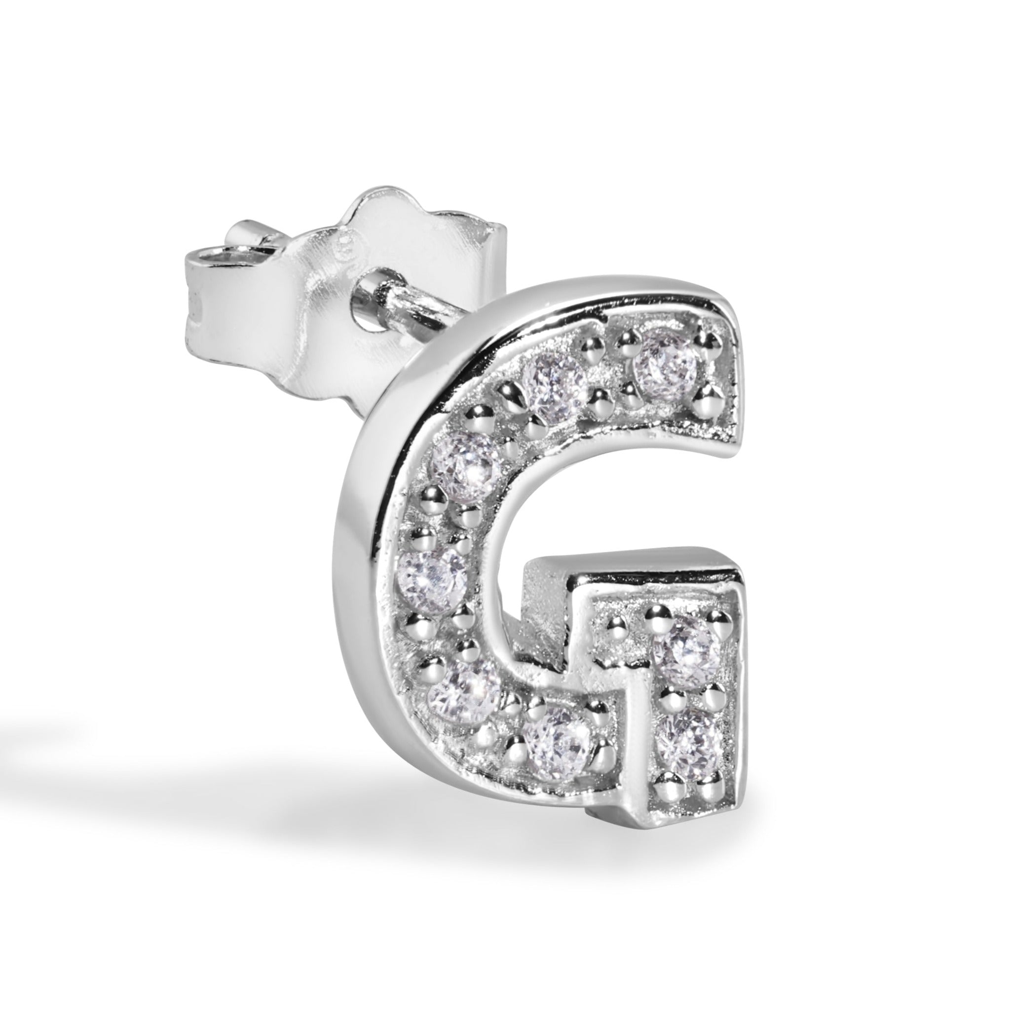 Pendiente con broche de plata de ley 925 chapado en rodio, letra de alfabeto única de 8,8 mm con circonita cúbica transparente - BGE00387