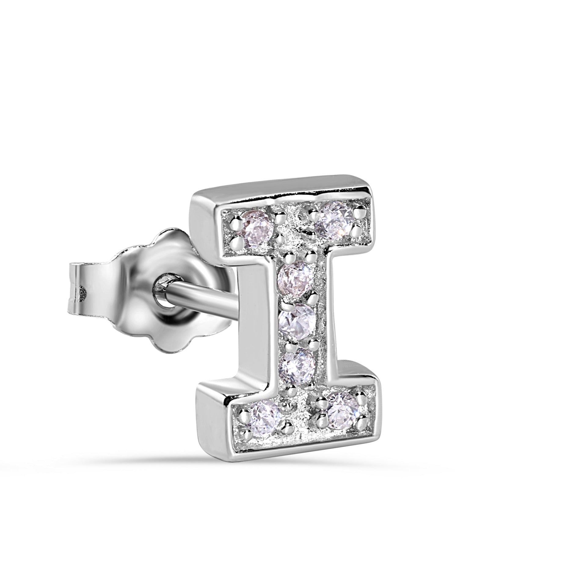 Pendiente con broche de plata de ley 925 chapado en rodio, letra de alfabeto única de 8,8 mm con circonita cúbica transparente - BGE00387