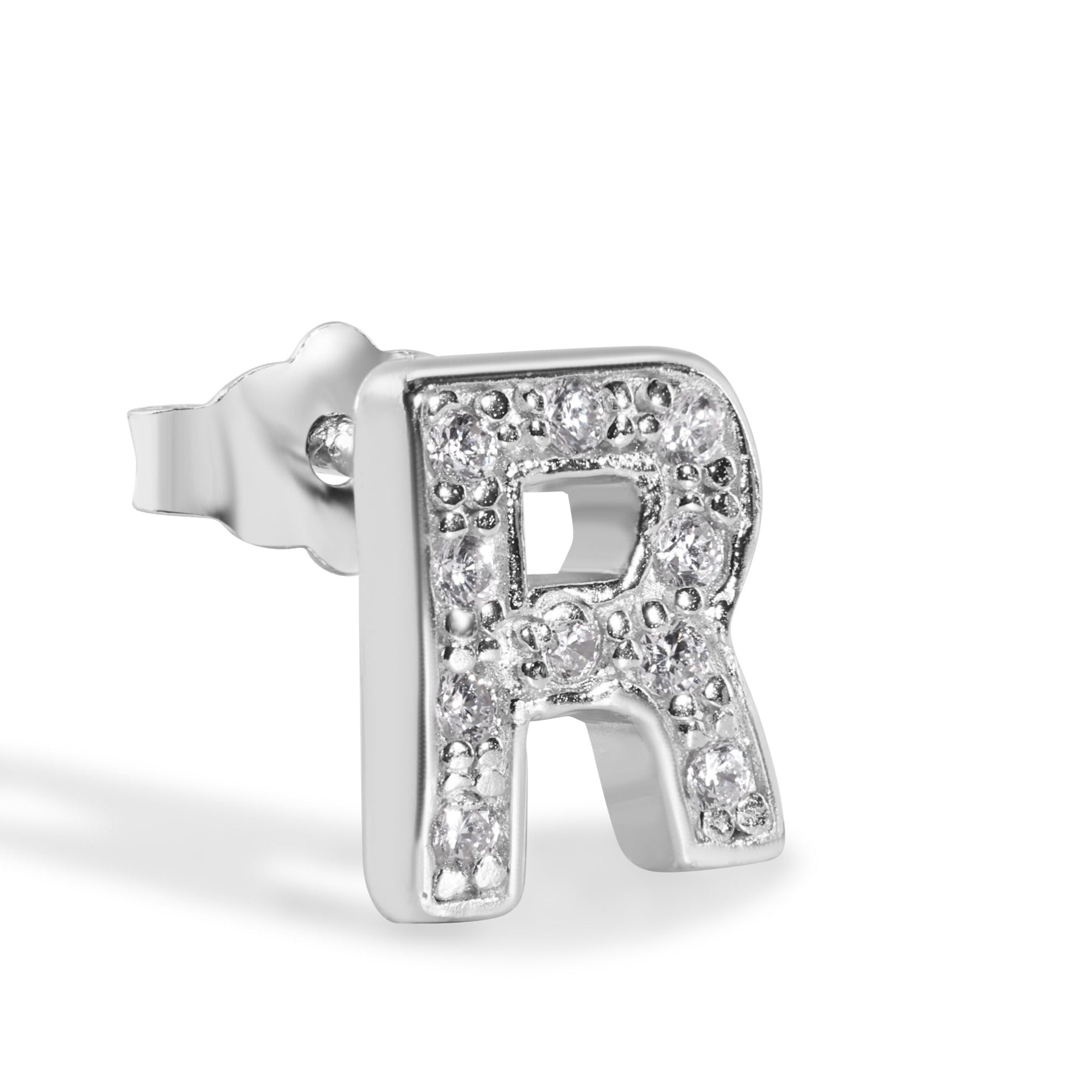 Pendiente con broche de plata de ley 925 chapado en rodio, letra de alfabeto única de 8,8 mm con circonita cúbica transparente - BGE00387