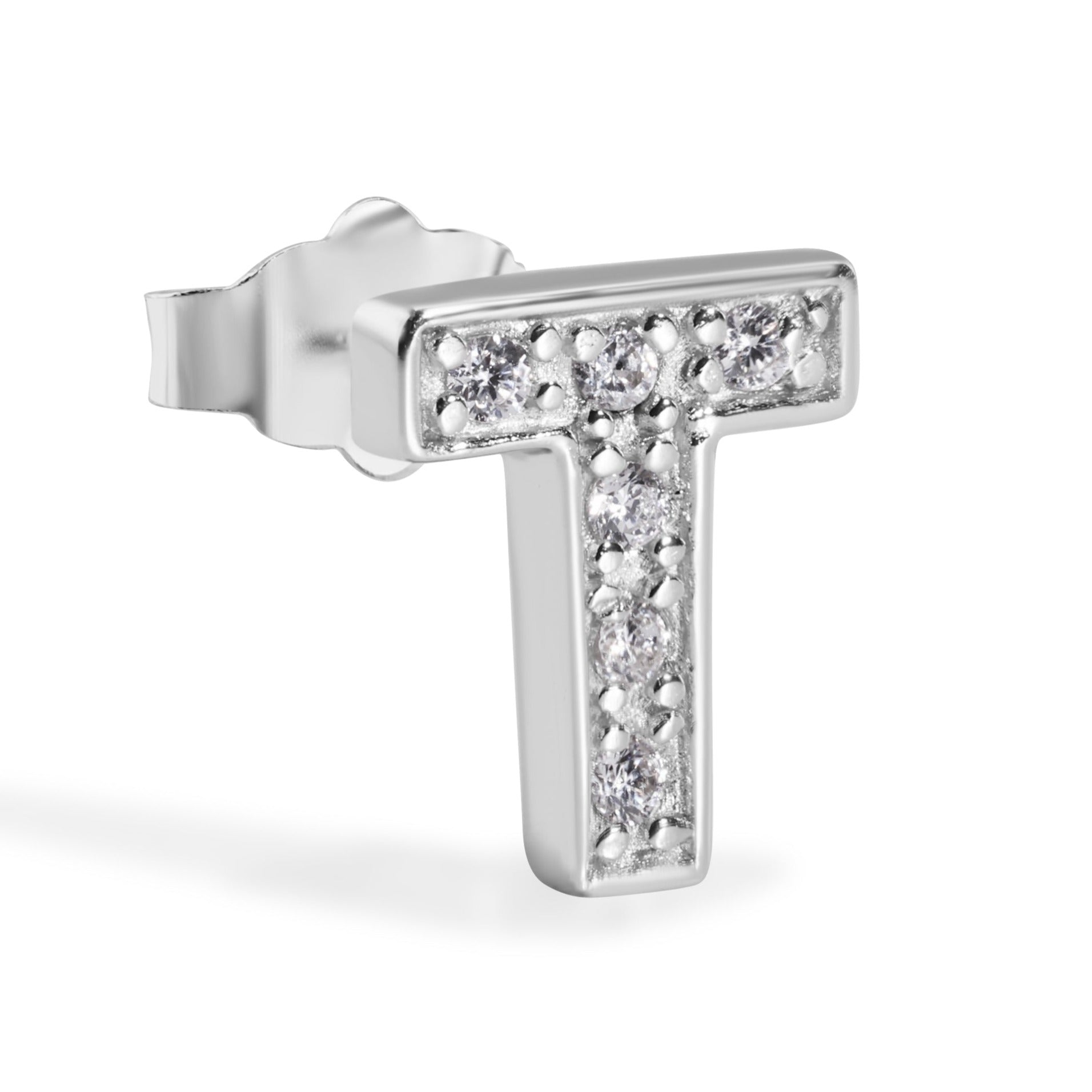 Pendiente con broche de plata de ley 925 chapado en rodio, letra de alfabeto única de 8,8 mm con circonita cúbica transparente - BGE00387