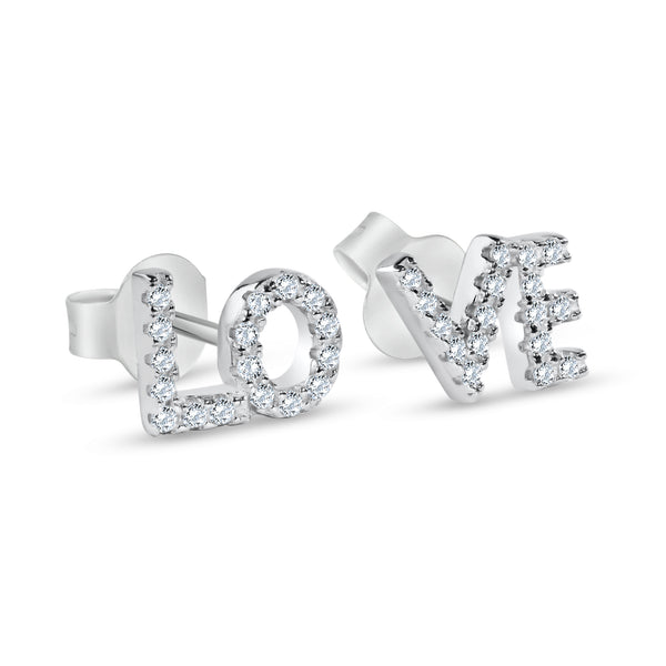 Rhodium Plated 925 Sterling Silver Love Clear CZ Stud Earrings - BGE00736