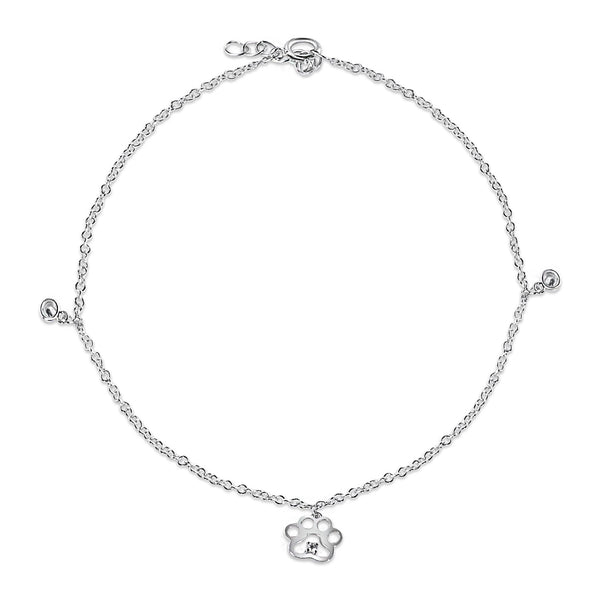 Rhodium Plated 925 Sterling Silver CZ Open Dog Paw Anklet - BGF00040