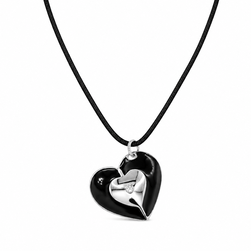 Clearance - Rhodium Plated 925 Silver Black Enamel Heart Clear CZ Black Cord Pendant Necklace - BGN00002