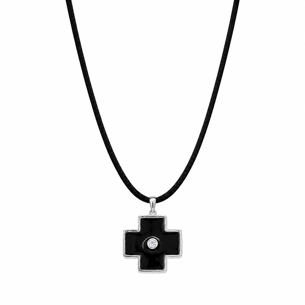 Clearance-Rhodium Plated 925 Silver Black Enamel Cross Clear CZ Black Cord Pendant Necklace - BGN00003