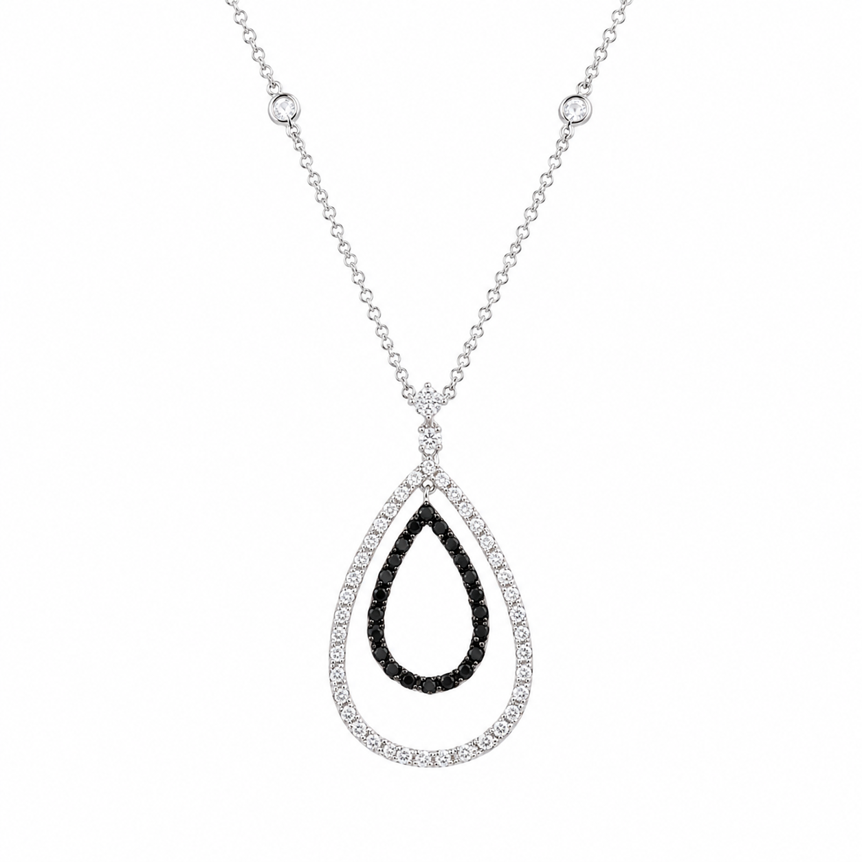 Clearance-Rhodium and Black Rhodium Plated Clear and Black CZ Open Teardrop Pendant Necklace - BGN00019
