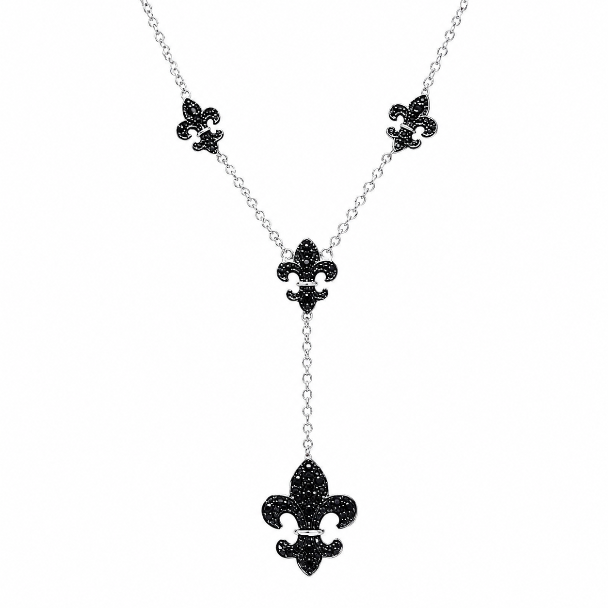 Rhodium and Black Rhodium Plated Black CZ Fleur De Lis Pendant Necklace - BGN00041