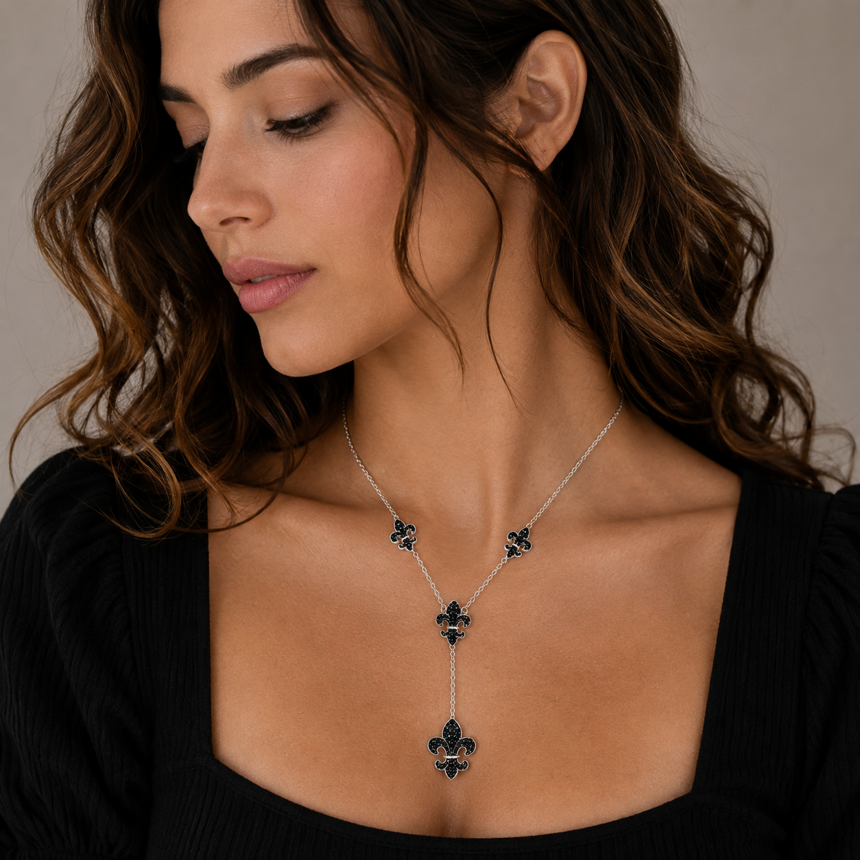 Rhodium and Black Rhodium Plated Black CZ Fleur De Lis Pendant Necklace - BGN00041