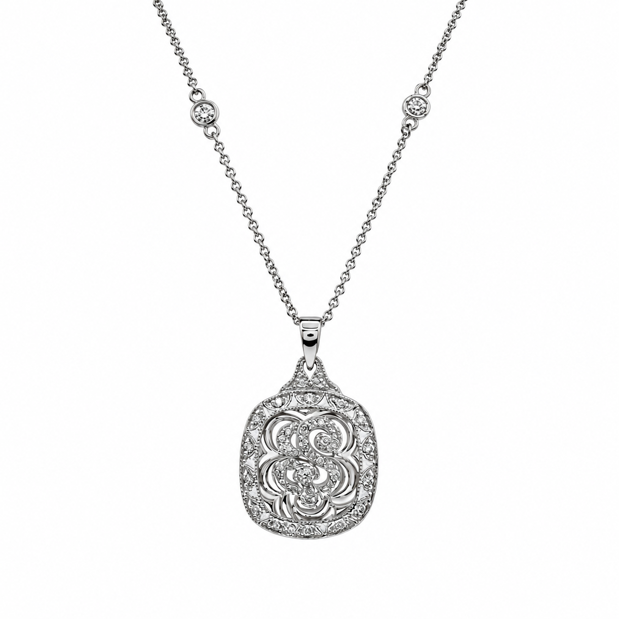 Collar con colgante cuadrado abierto antiguo de circonita transparente en plata 925 rodiada - BGN00047