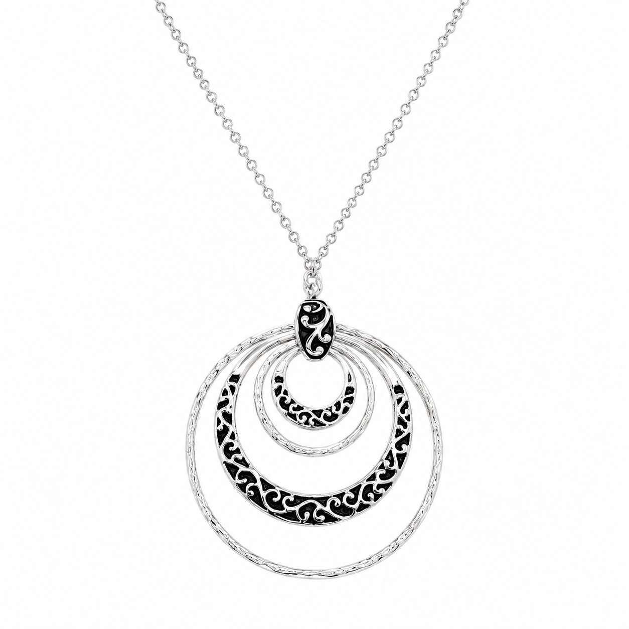 Collar con colgante de flor de círculo abierto multicapa en plata 925 rodiada - BGN00049