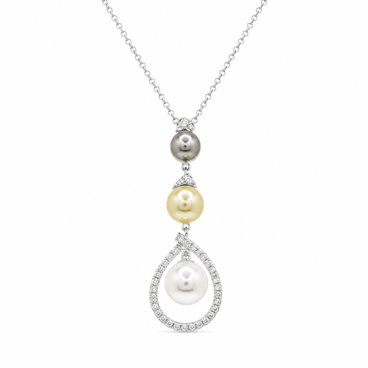 Rhodium Plated 925 Silver Multi Colored Pearl & Clear CZ Drop Pendant Necklace - BGN00050
