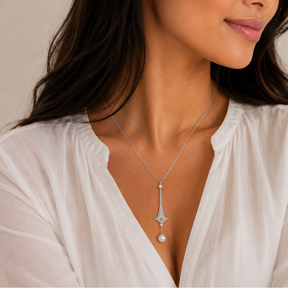 Collar con colgante de gota de circonita transparente con múltiples perlas chapadas en rodio de plata 925 - BGN00052