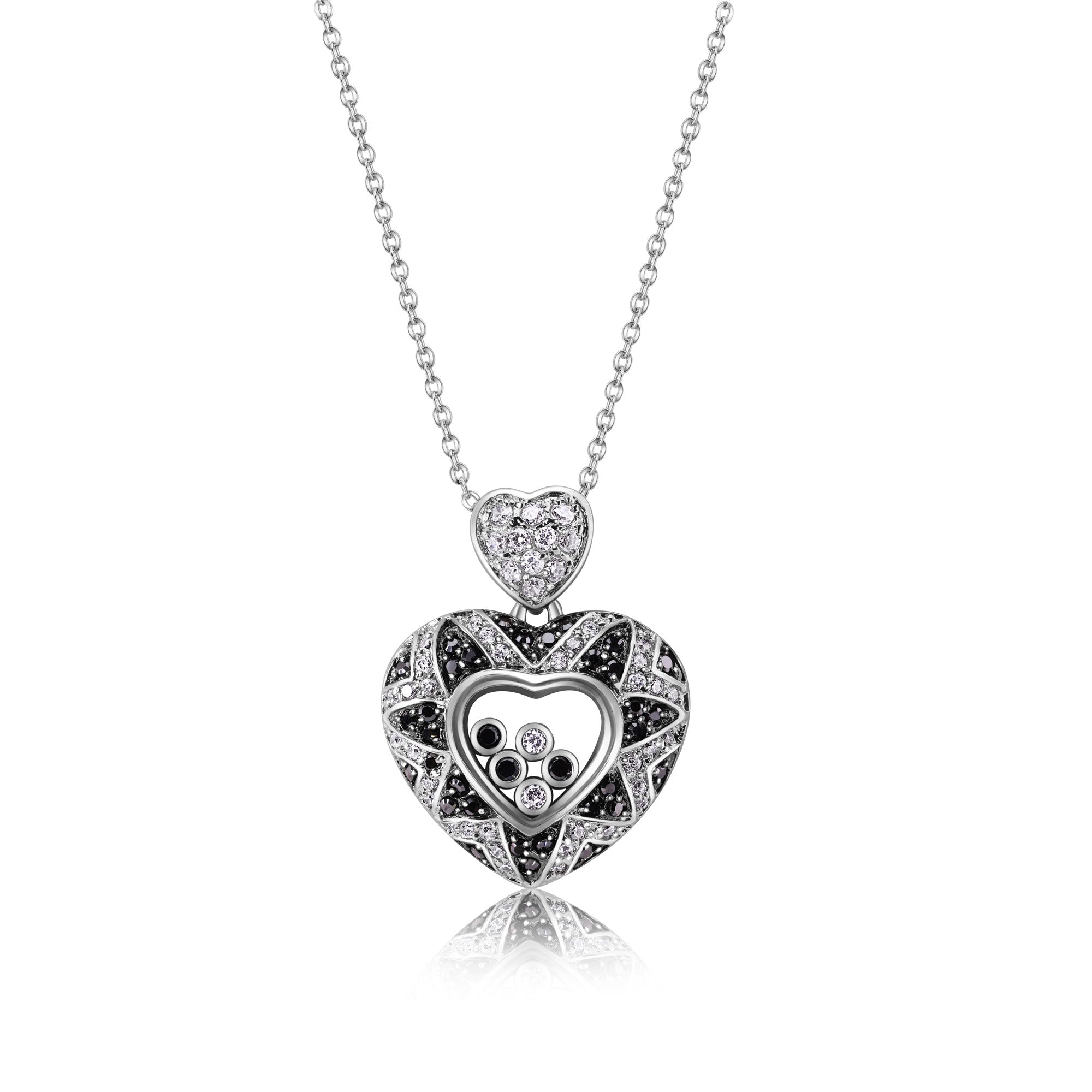 Clearance - Silver 925 Floating Clear CZ Black Rhodium Plated Heart Necklace - BGP00006