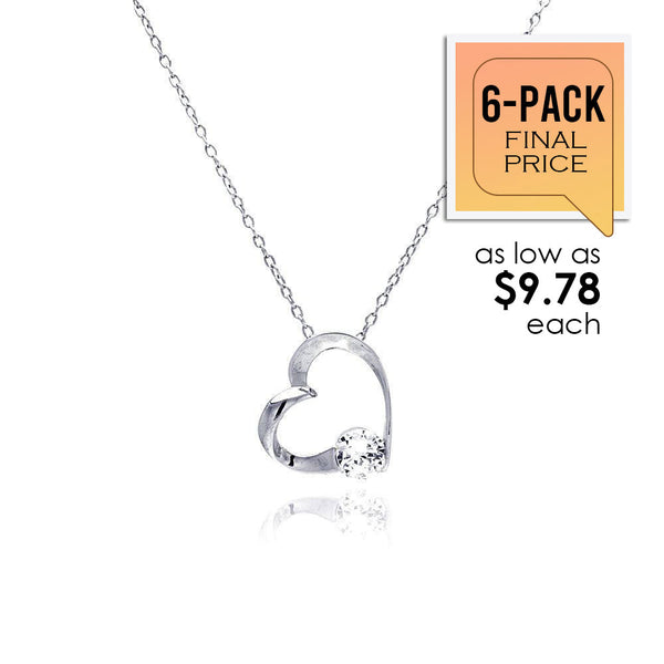 925 Sterling Silver Clear CZ Rhodium Plated Heart Pendant Necklace (6/Pk) - BGP00063-PX