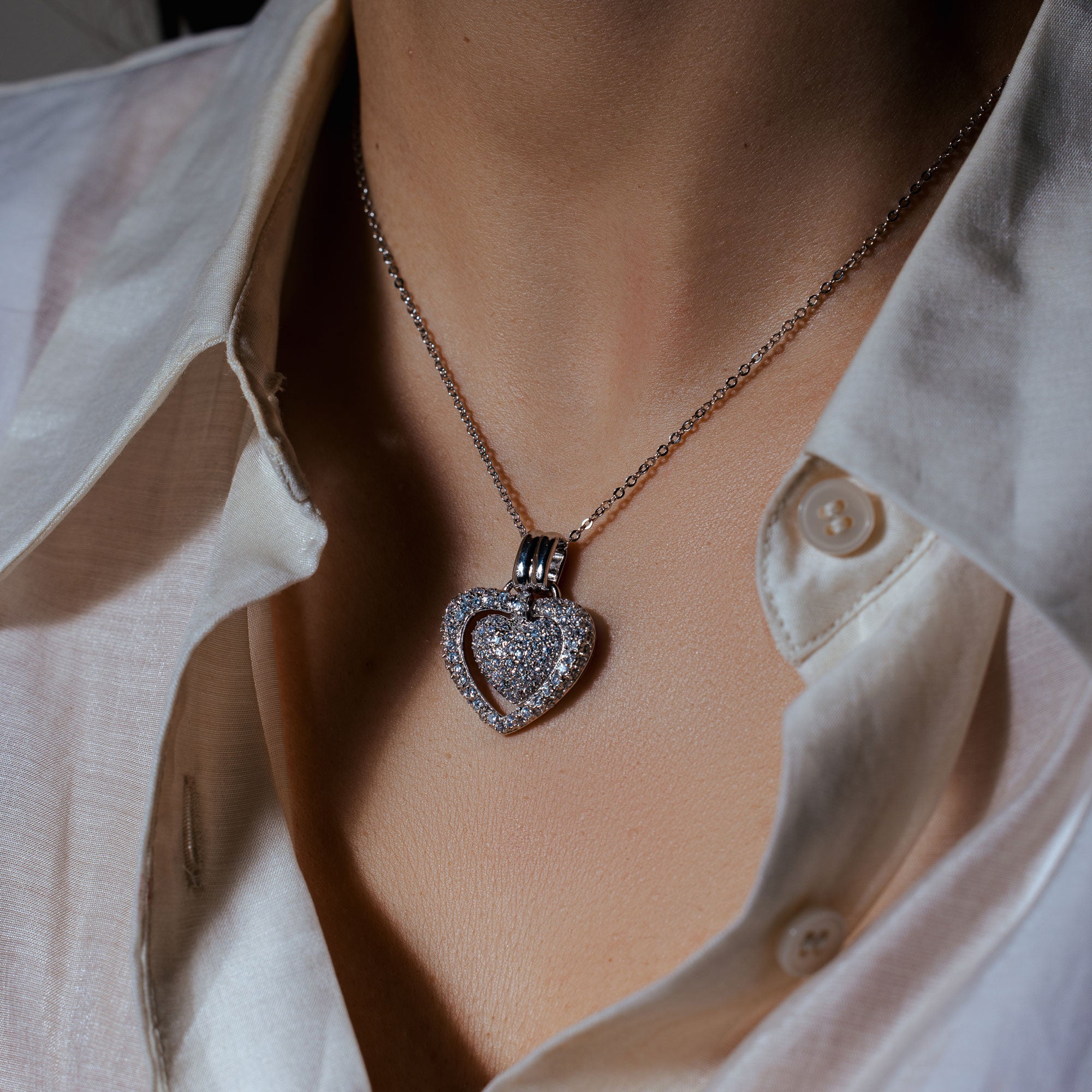 Clearance - Silver 925 Clear CZ Rhodium Plated Double Heart Pendant Necklace - BGP00071CLR