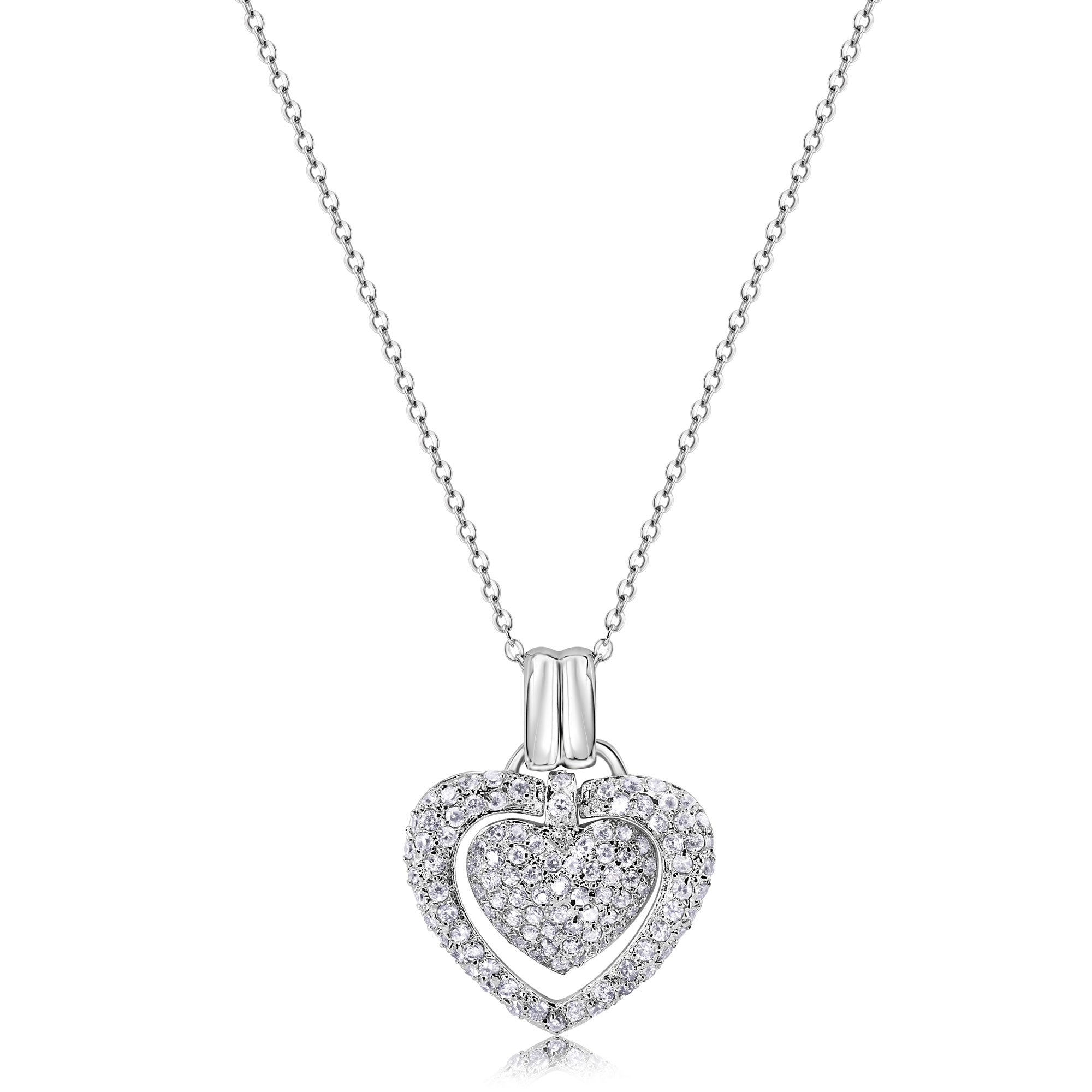 Clearance - Silver 925 Clear CZ Rhodium Plated Double Heart Pendant Necklace - BGP00071CLR