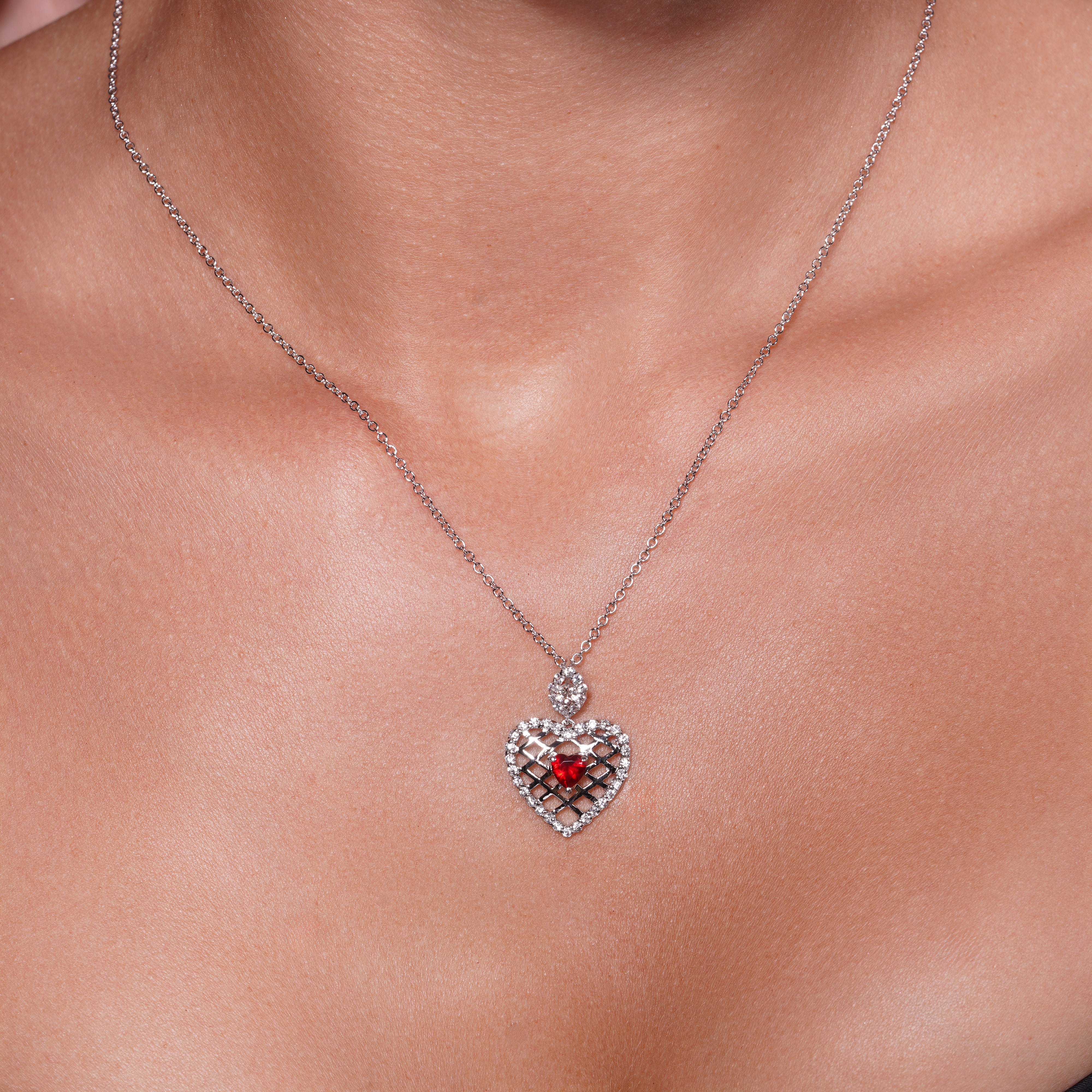 Clearance-Silver 925 Red CZ Rhodium Plated Filigree Heart Pendant Necklace - BGP00072