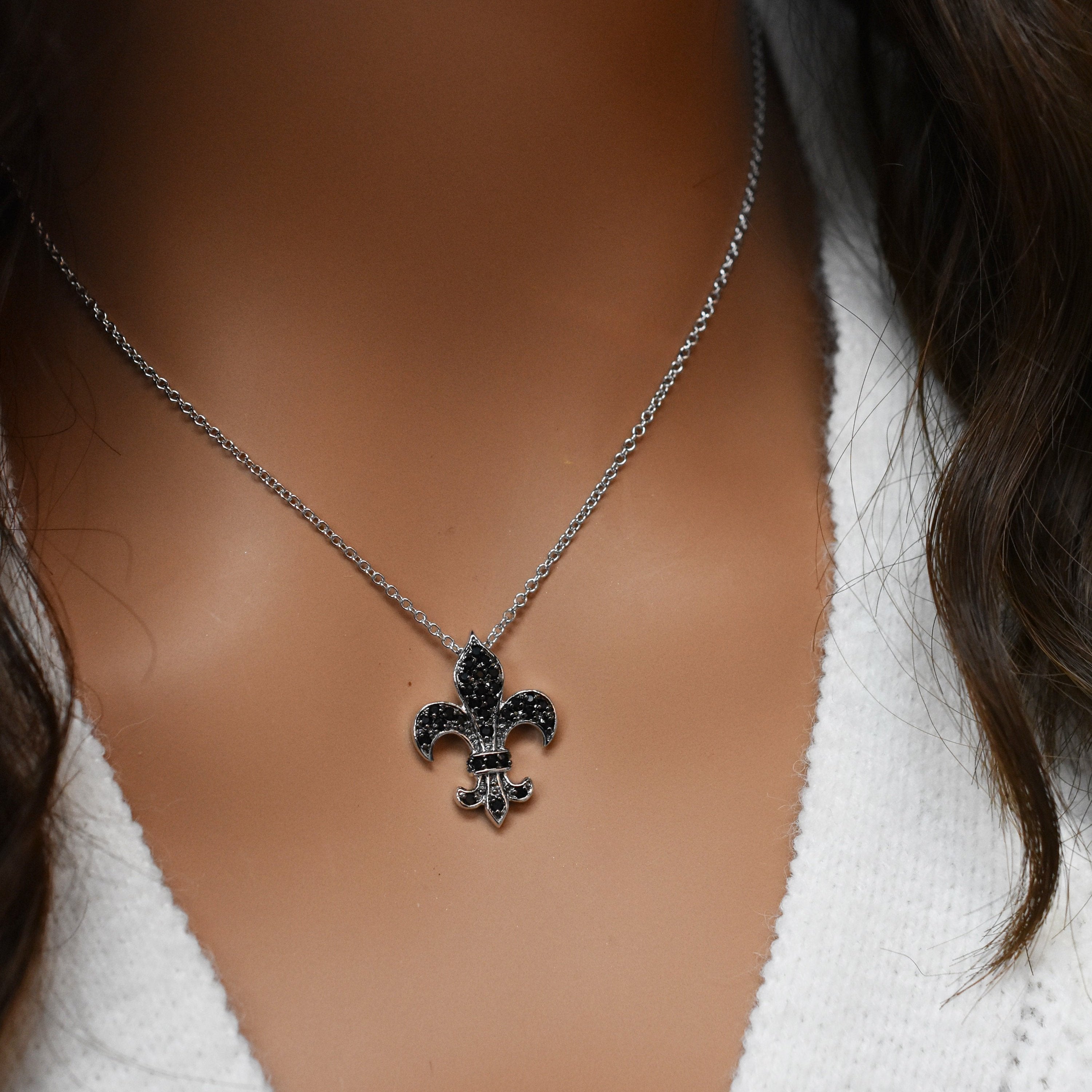 Silver 925 Black and Rhodium Plated Fleur De Lis CZ Necklace - BGP00174