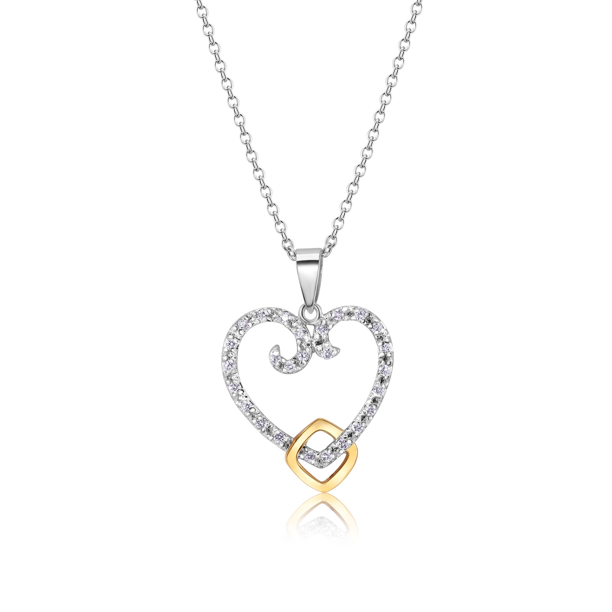 Clearance-Silver 925 Gold and Rhodium Plated Open Heart CZ Necklace - BGP00184