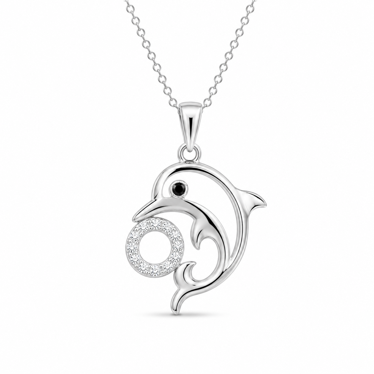 Rhodium Plated 925 Sterling Silver Dolphin CZ Circle Pendant Necklace - BGP00196