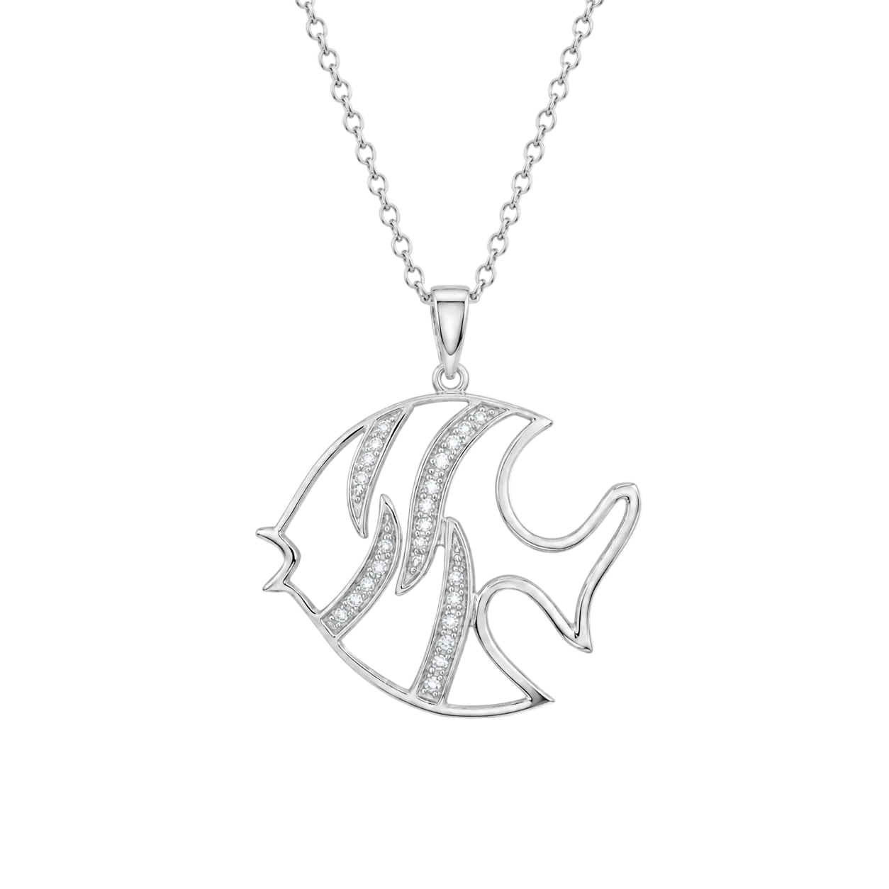 Clearance-Rhodium Plated 925 Sterling Silver CZ Fish Necklace - BGP00217