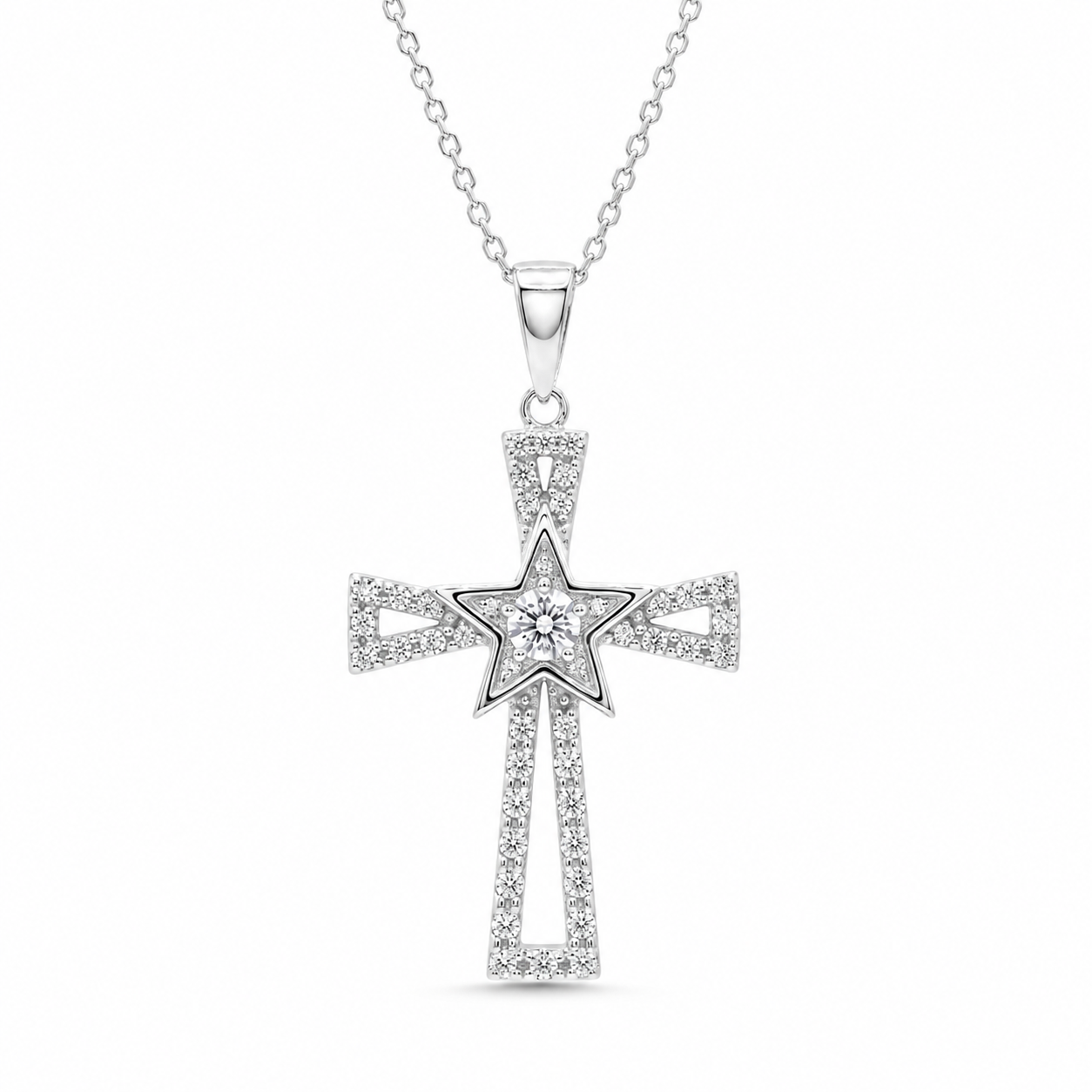 Rhodium Plated 925 Sterling Silver CZ Star Cross Pendant Necklace - BGP00376