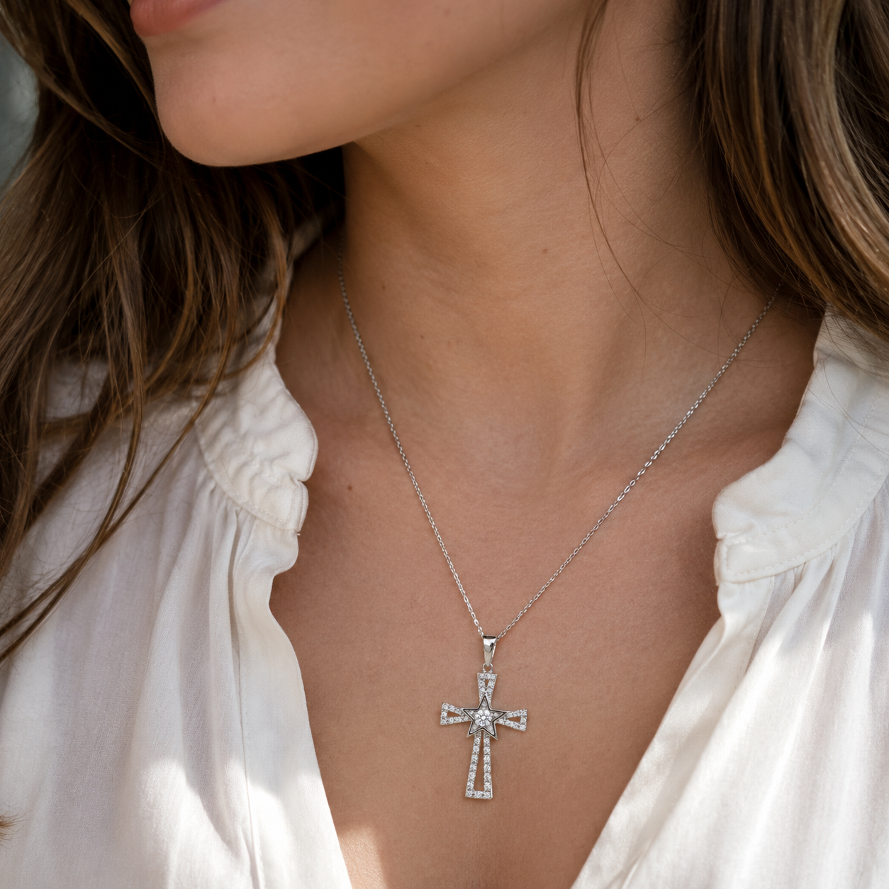 Rhodium Plated 925 Sterling Silver CZ Star Cross Pendant Necklace - BGP00376
