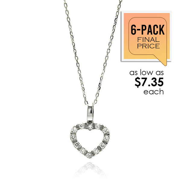 Rhodium Plated 925 Sterling Silver Open Heart CZ Necklace (6/Pk) - BGP00586-PX