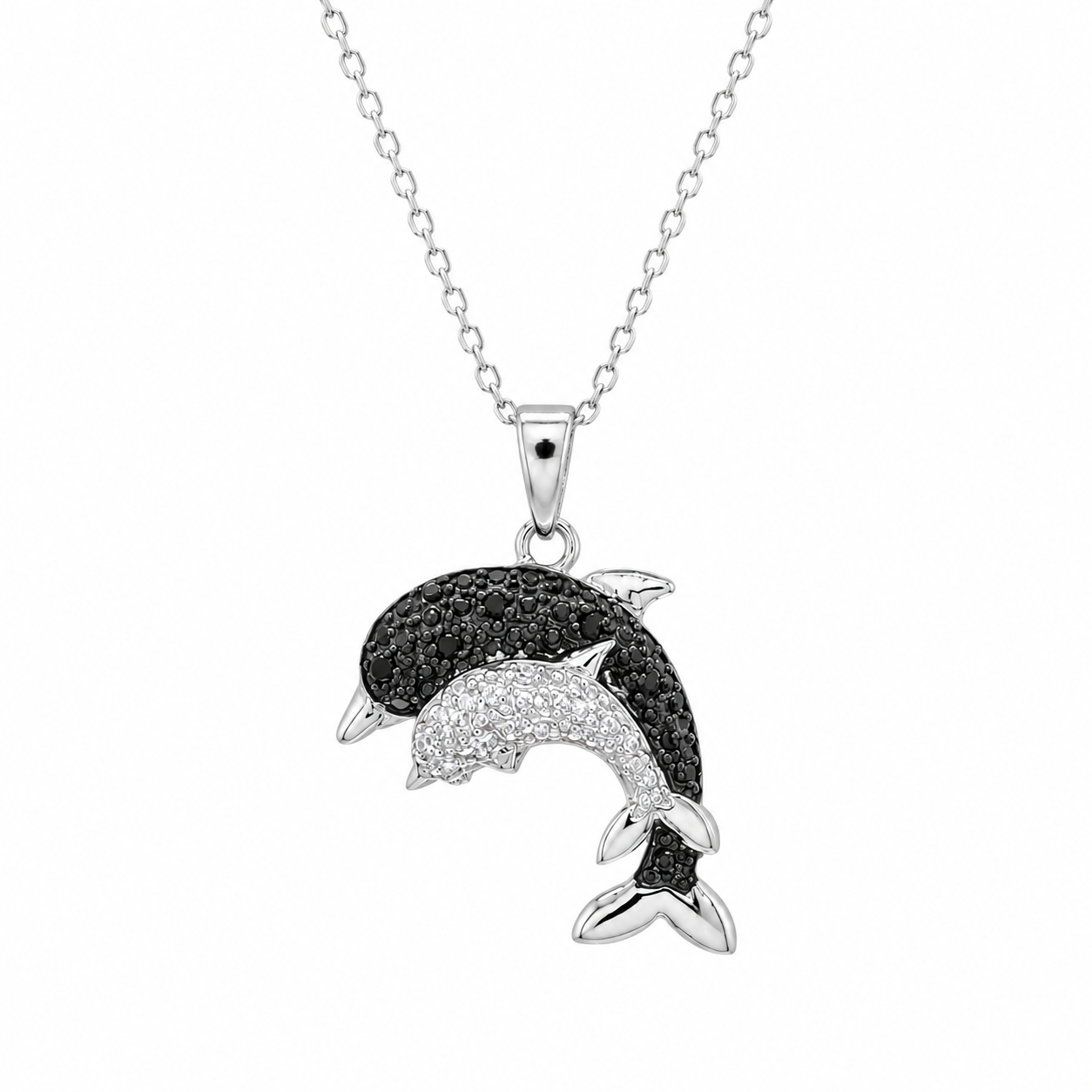 Rhodium Plated 925 Sterling Silver Black & White Double Dolphin Pendant Necklace- BGP00680
