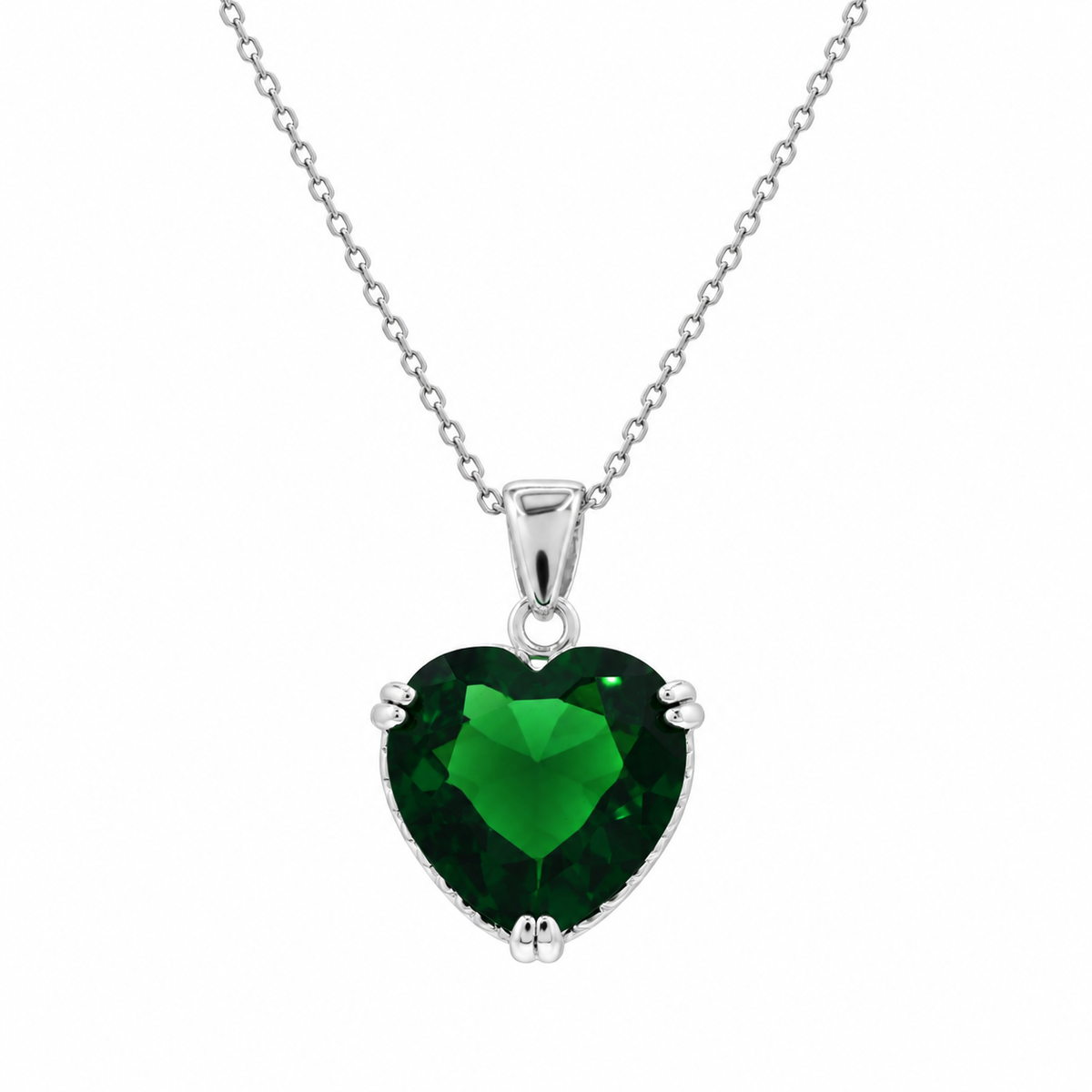 Collar de cuerda con circonita cúbica y corazón verde chapado en rodio en plata 925 - BGP00730