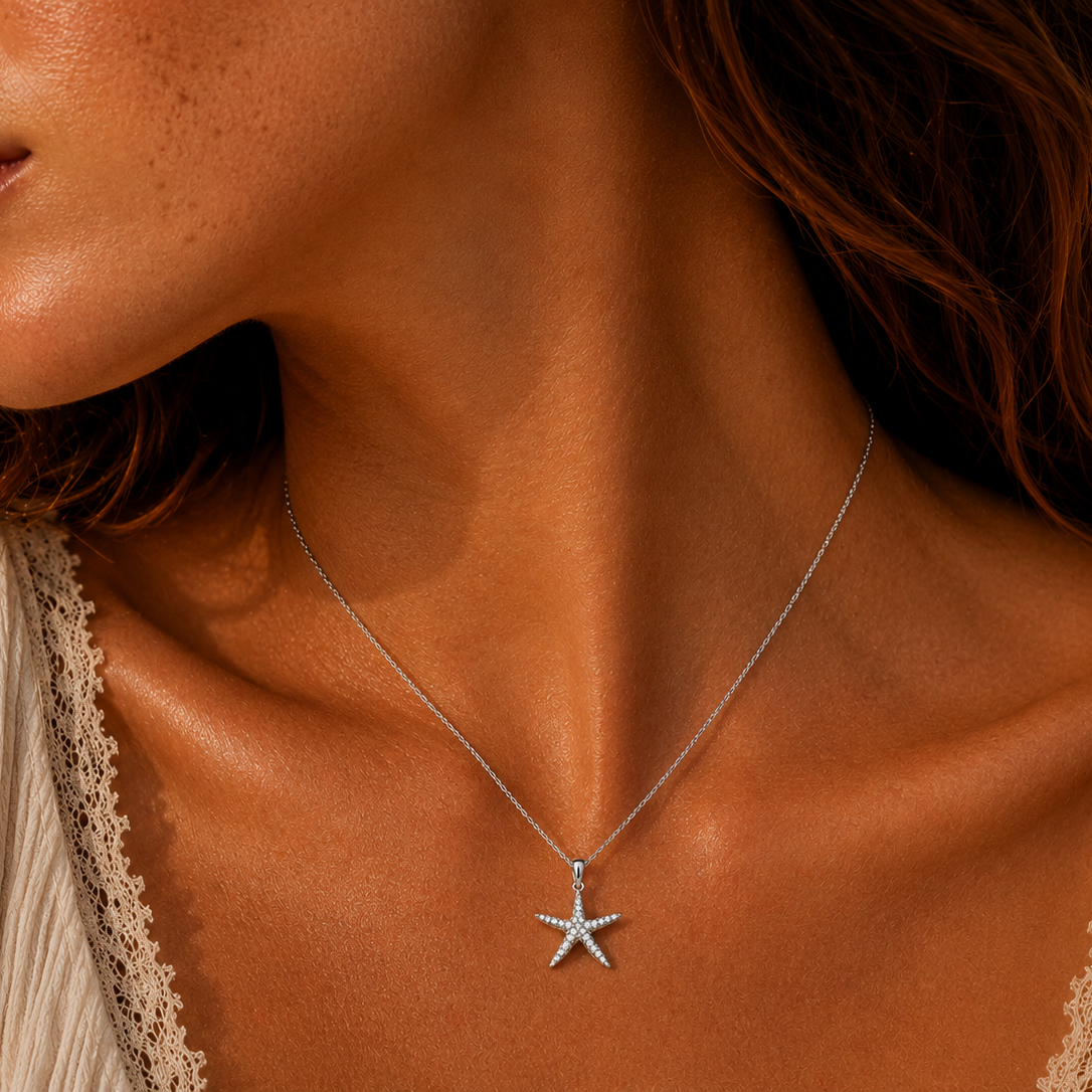 Rhodium Plated 925 Sterling Silver Dainty CZ Starfish Pendant Necklace - BGP00854