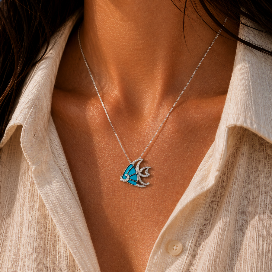 Rhodium Plated 925 Sterling Silver CZ & Blue Fish Pendant Necklace - BGP00856