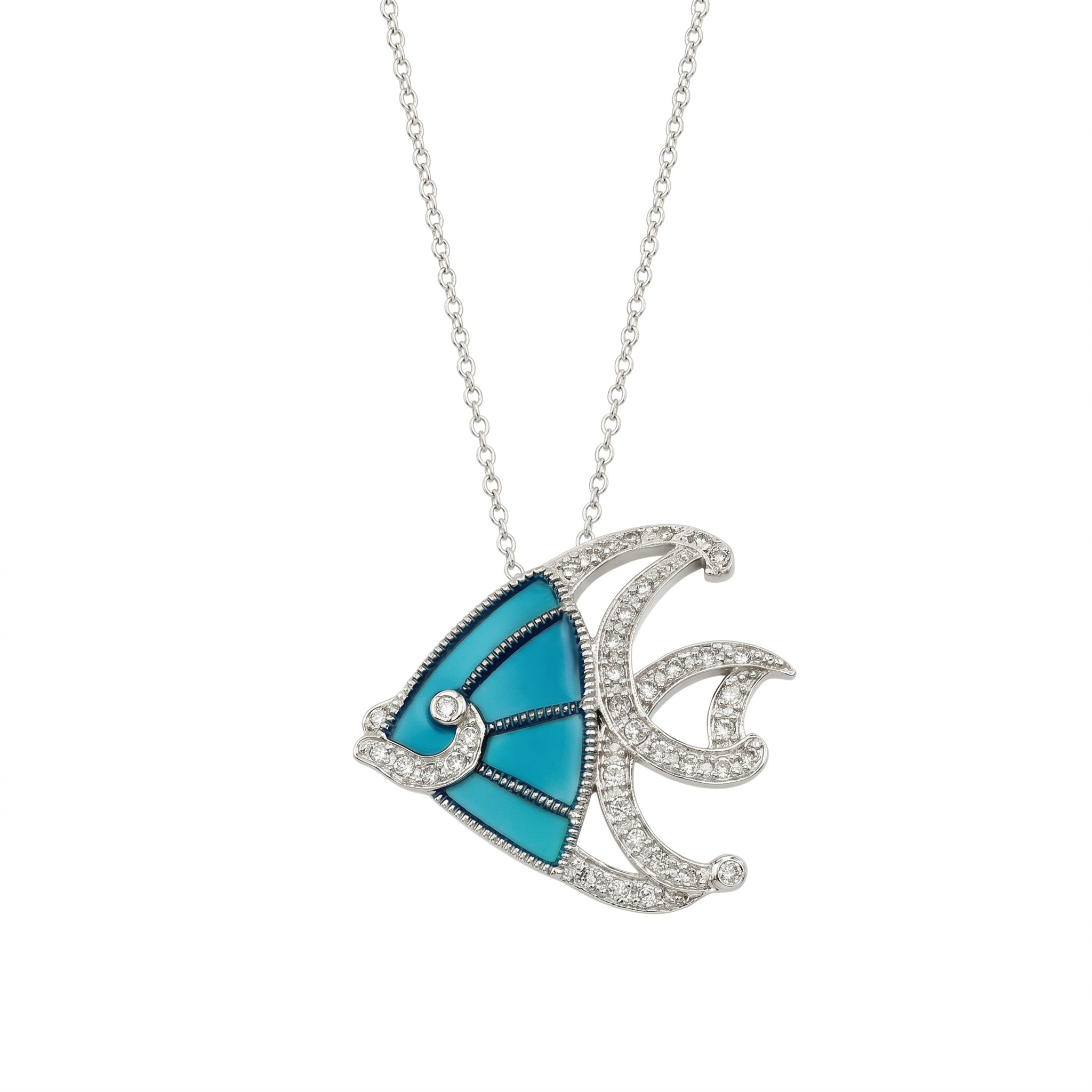 Rhodium Plated 925 Sterling Silver CZ & Blue Fish Pendant Necklace - BGP00856