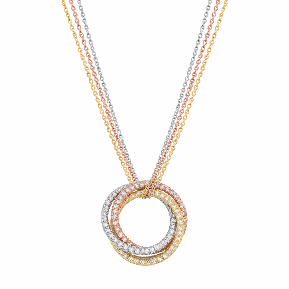 Collar de tres anillos entrelazados de plata 925 con baño tricolor y circonitas cúbicas, liquidación - BGP00933