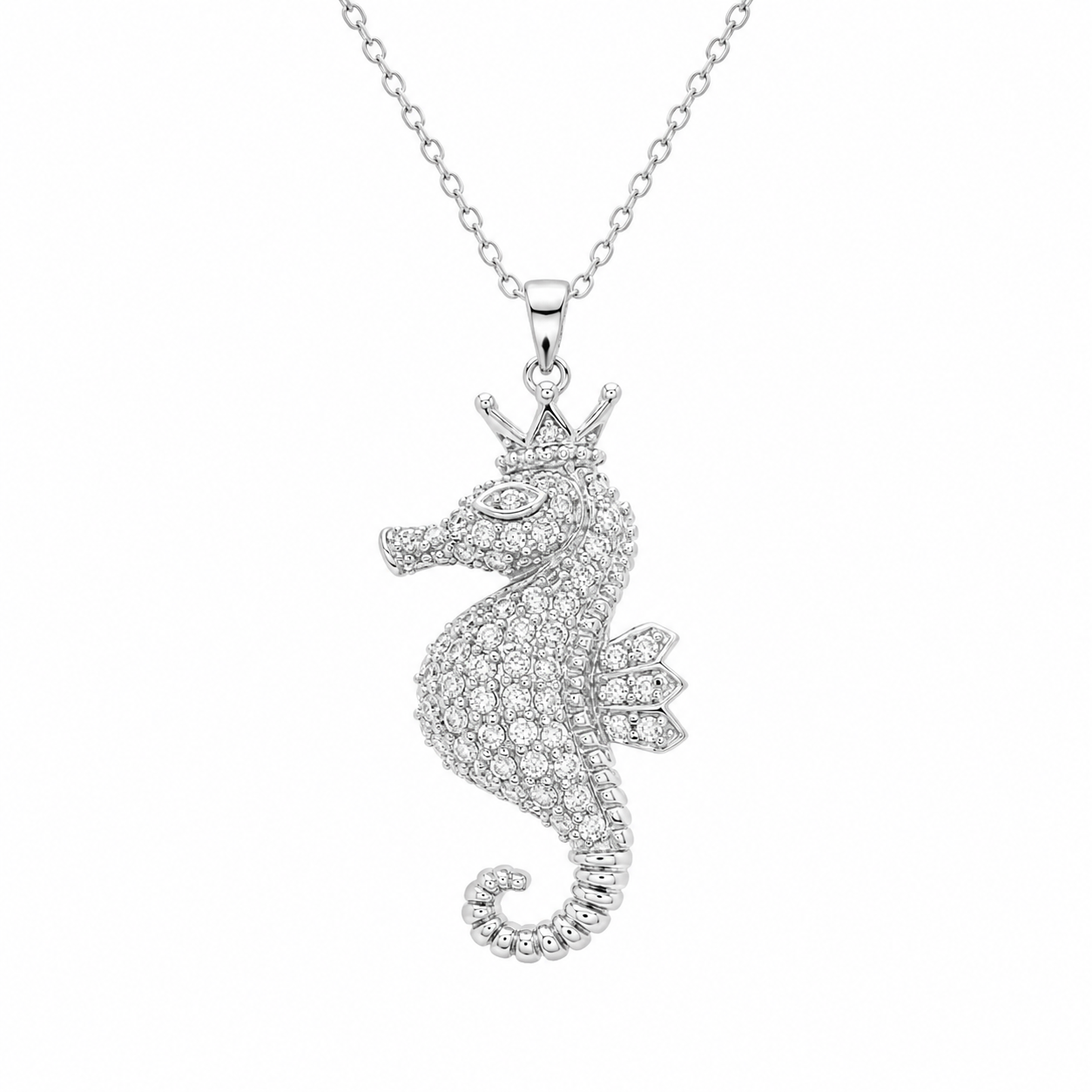 Rhodium Plated 925 Sterling Silver Clear CZ Seahorse Pendant Necklace - BGP01025