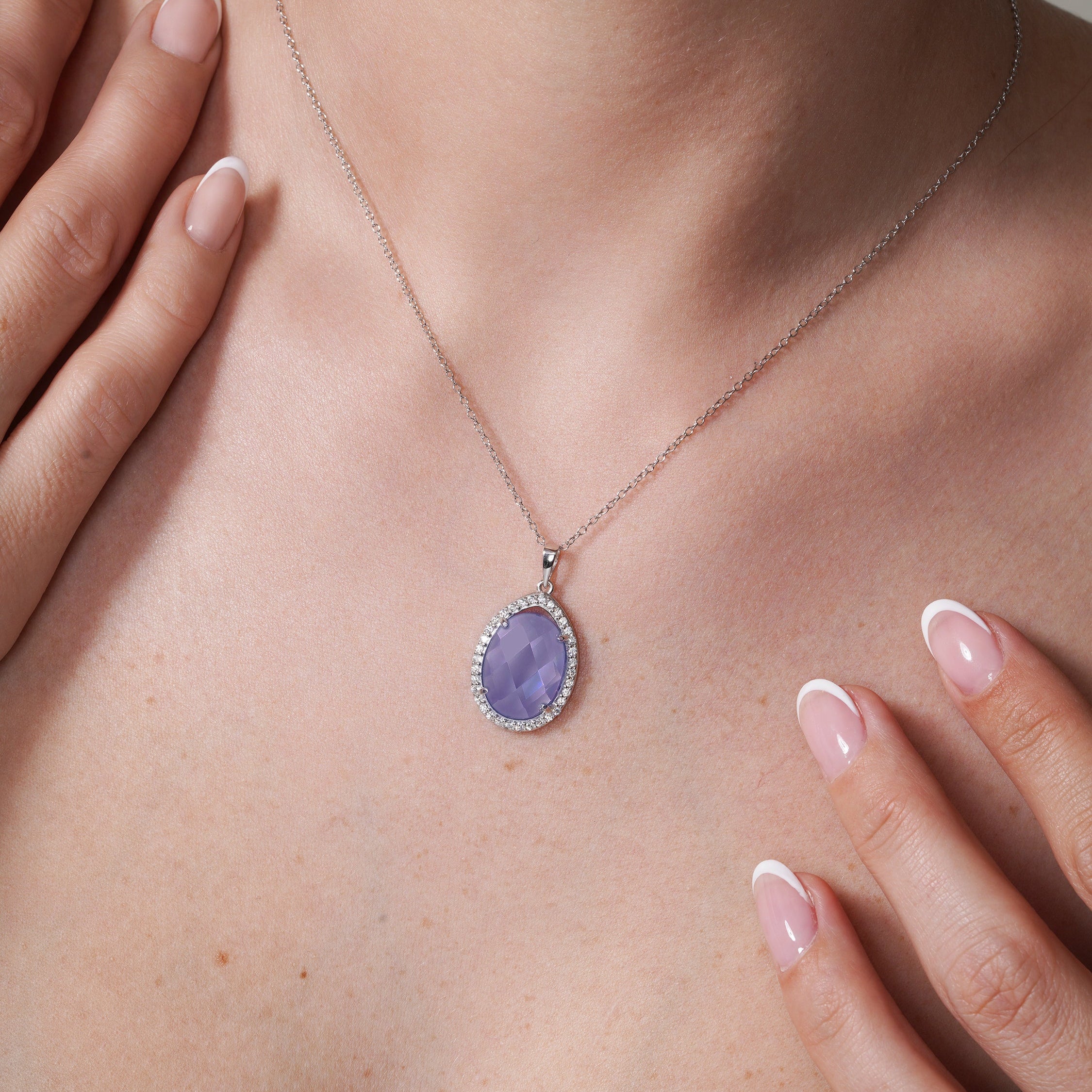 Rhodium Plated 925 Sterling Silver Oval CZ Birthstone Necklace - BGP01034