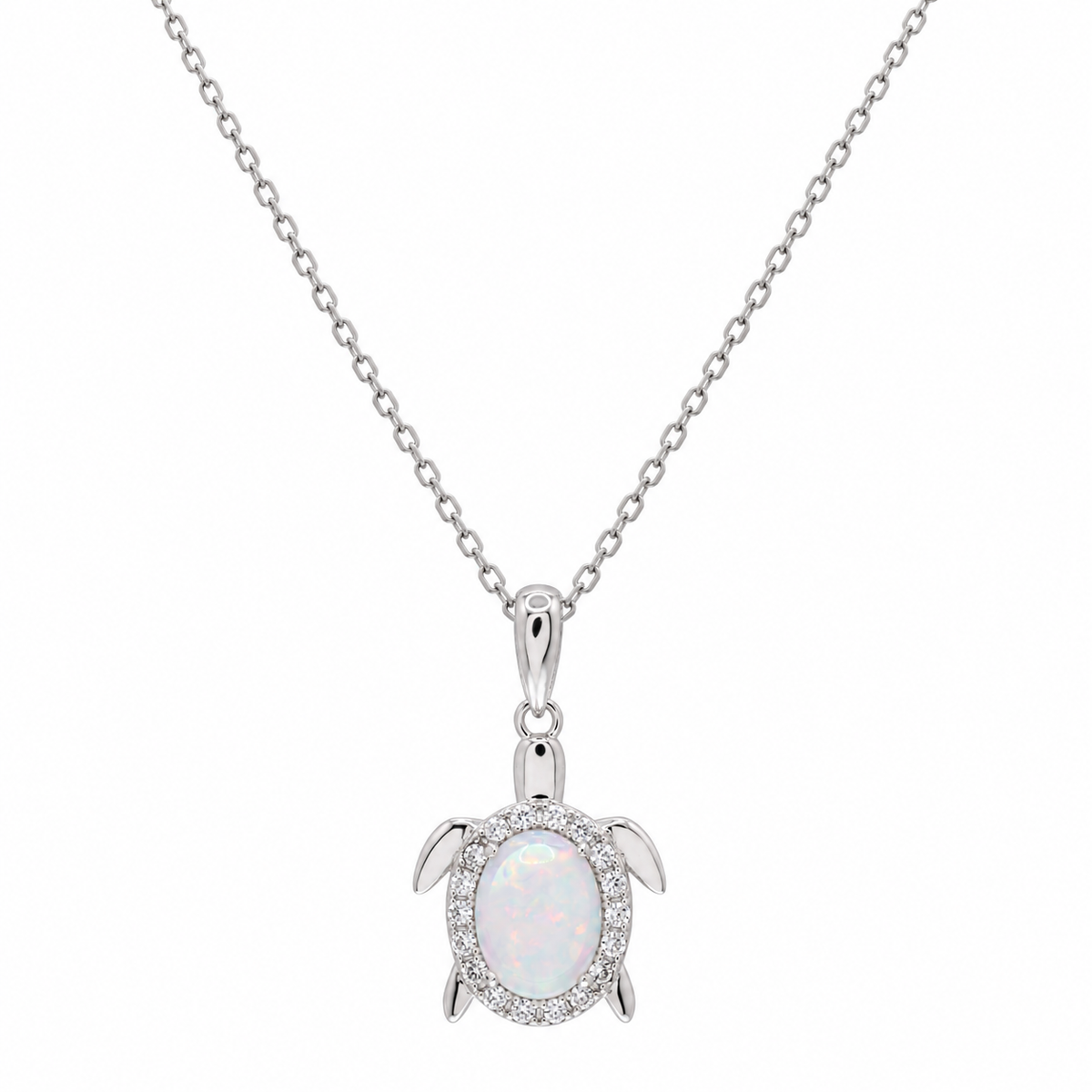 Rhodium Plated 925 Sterling Opal & CZ Turtle Pendant Necklace - BGP01048
