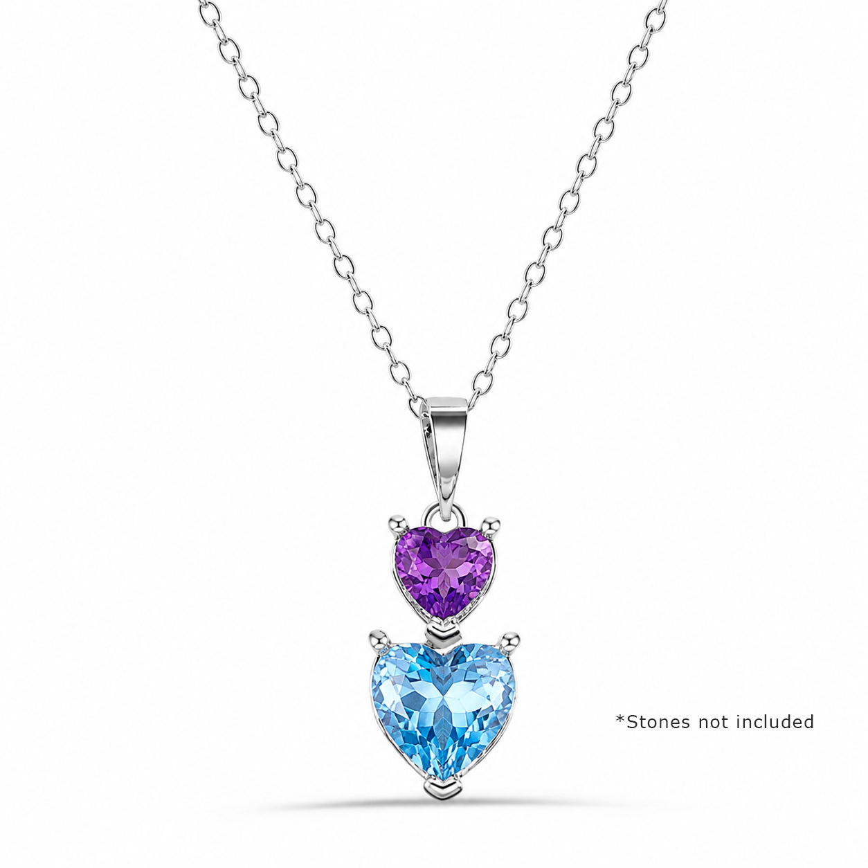 Rhodium Plated 925 Silver Personalized 2 Heart Drop Mounting Necklace - BGP01086