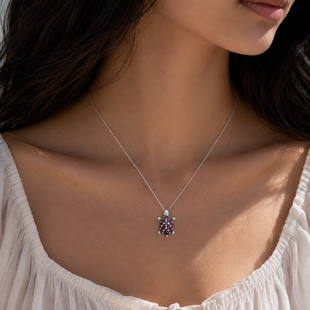 Collar de tortuga con circonitas rosas y transparentes en plata de ley 925 rodiada - BGP01126