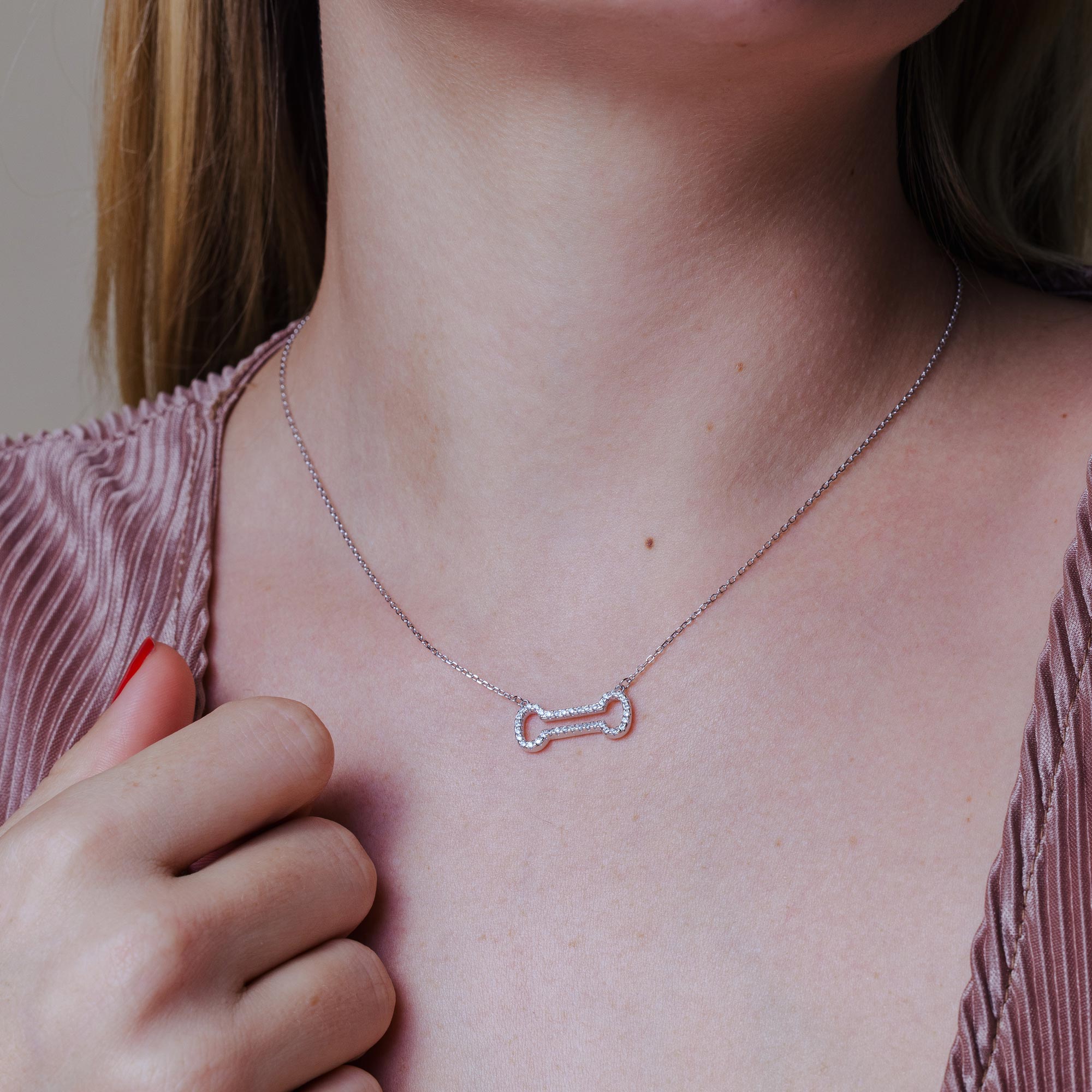 Rhodium Plated 925 Sterling Silver Open Dog Bone CZ Necklace - BGP01448