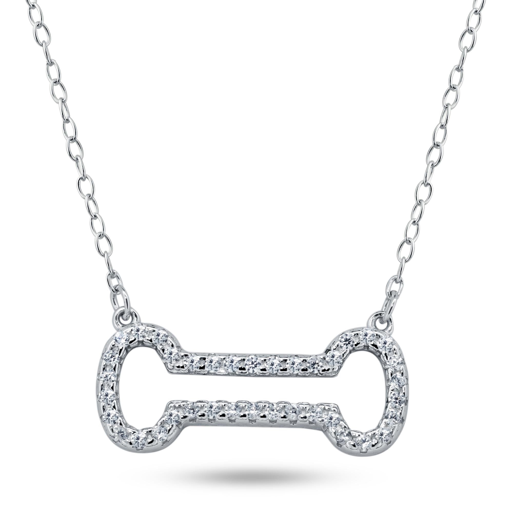 Silver 925 Rhodium Plated Open Dog Bone CZ Necklace - BGP01448