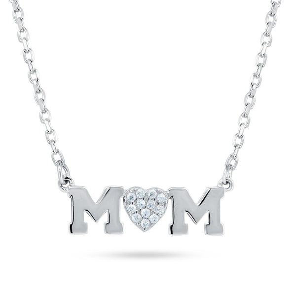 Rhodium Plated 925 Sterling Silver Mom Heart CZ Necklace - BGP01479