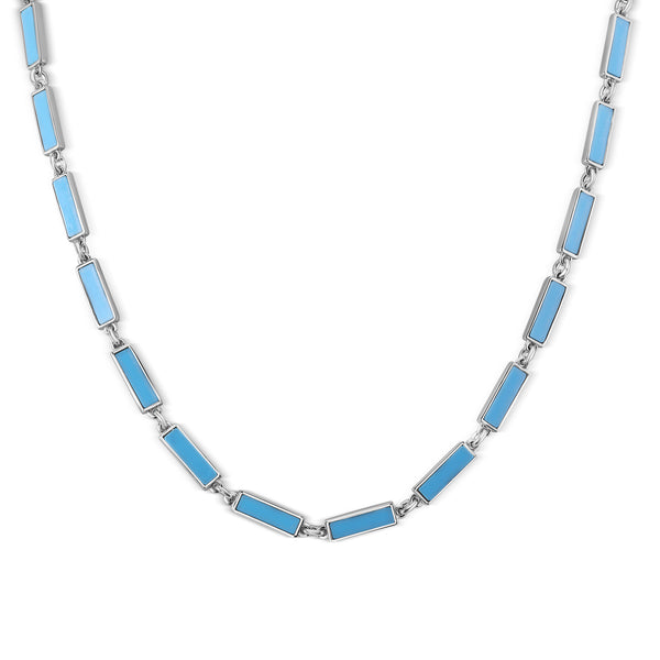 Rhodium Plated 925 Sterling Silver Light Blue Turquoise Stone Bar Link Necklace - BGP01483