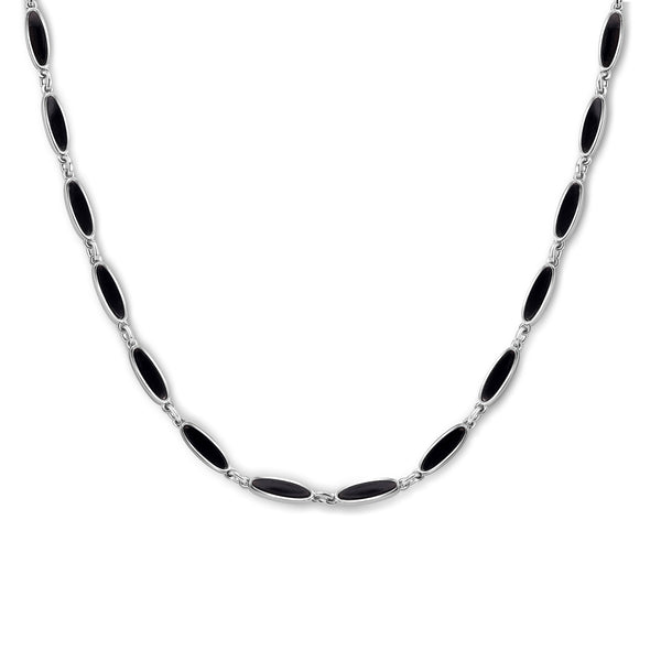 Rhodium Plated 925 Sterling Silver Onyx Cat's Eye Link Necklace - BGP01484