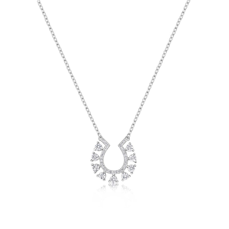 Rhodium Plated 925 Sterling Silver Horseshoe Clear CZ Studded Necklace - BGP01486