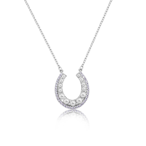 925 Sterling Silver Rhodium Plated Horseshoe Pearl Clear CZ Necklace - BGP01487