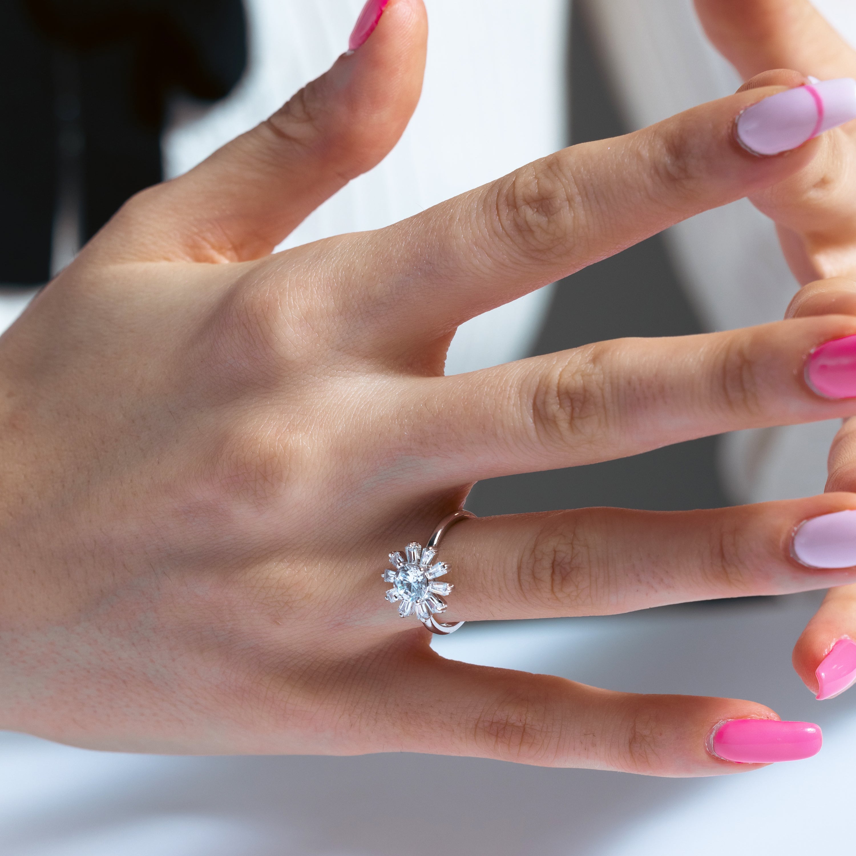 Rhodium Plated 925 Sterling Silver CZ Flower Shaped Ring - BGR01283