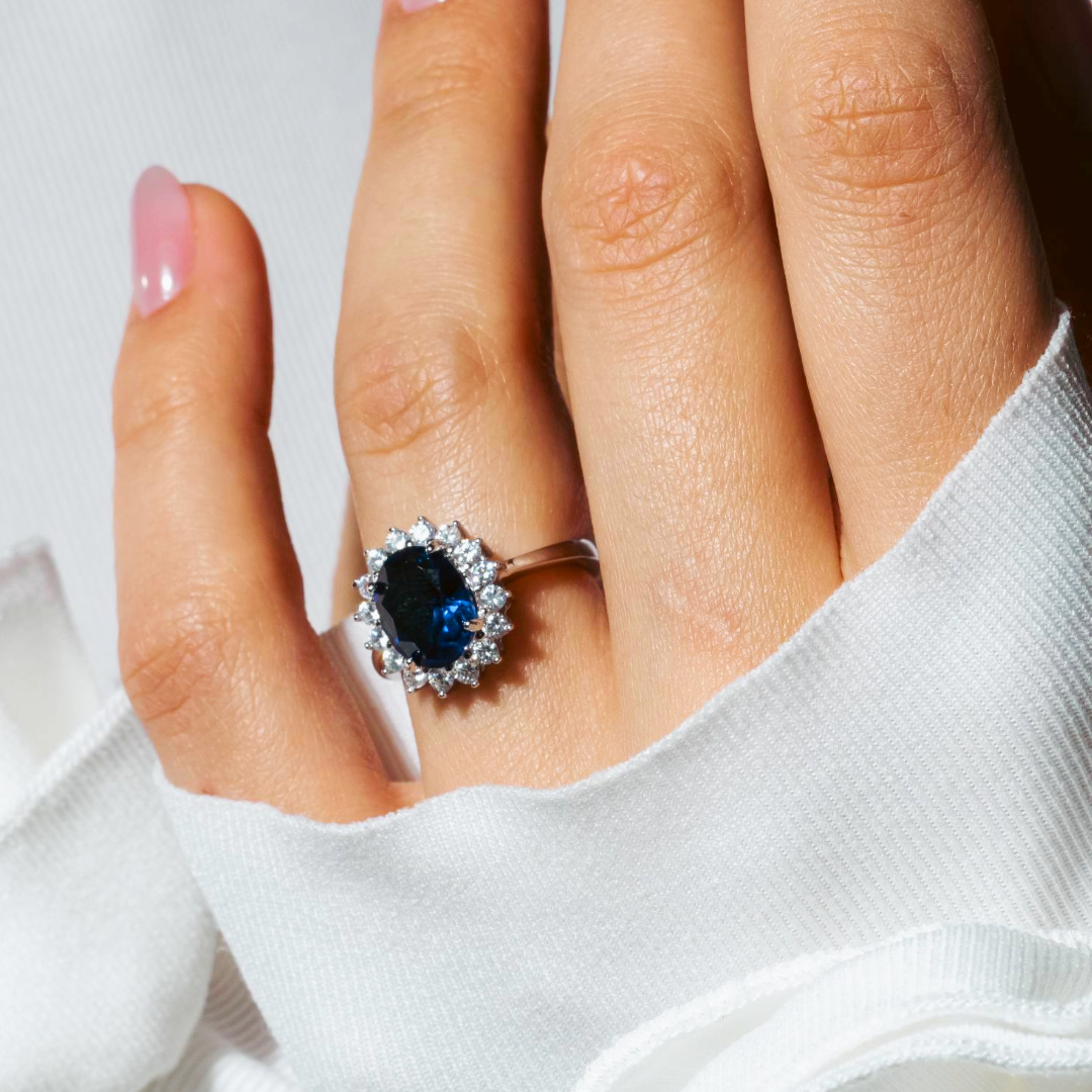 Silver 925 Rhodium Plated Oval Blue and Clear Cluster CZ Flower Ring - BGR00282