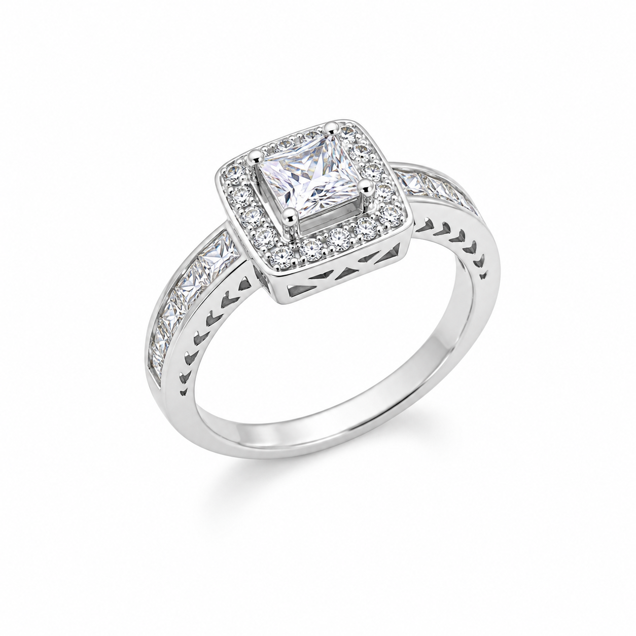 Rhodium Plated 925 Silver Clear Channel Set Princess Cut CZ Bridal Engagement Ring - BGR00463