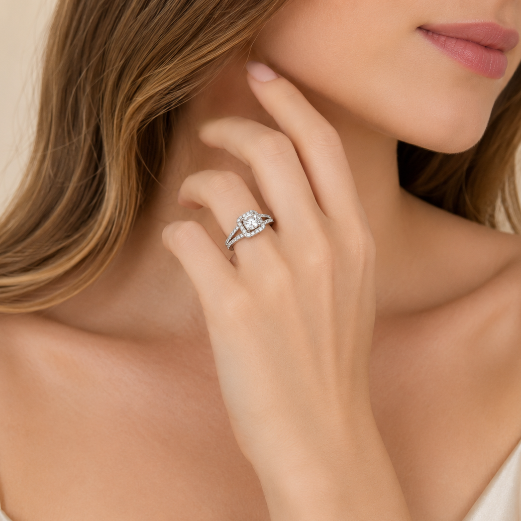 Rhodium Plated 925 Silver Clear Round Center Square Cluster CZ Engagement Ring - BGR00465