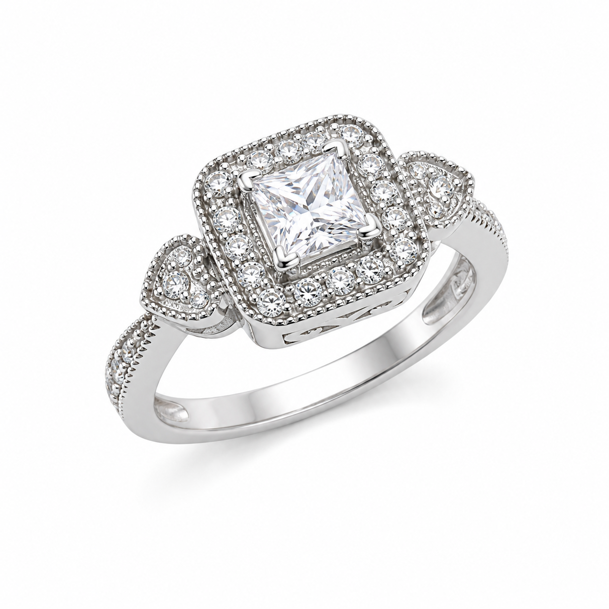 Rhodium Plated 925 Silver Clear Cluster CZ Square Heart Bridal Engagement Ring - BGR00470